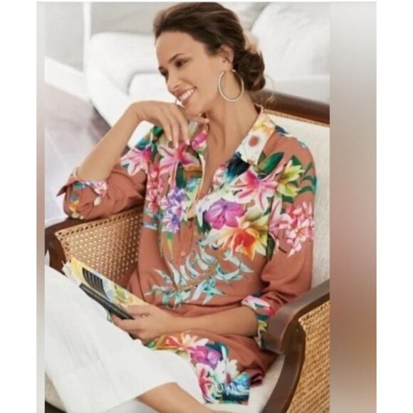Soft Surroundings tunic top size medium womens tropical Floral Brown new - Picture 1 of 6